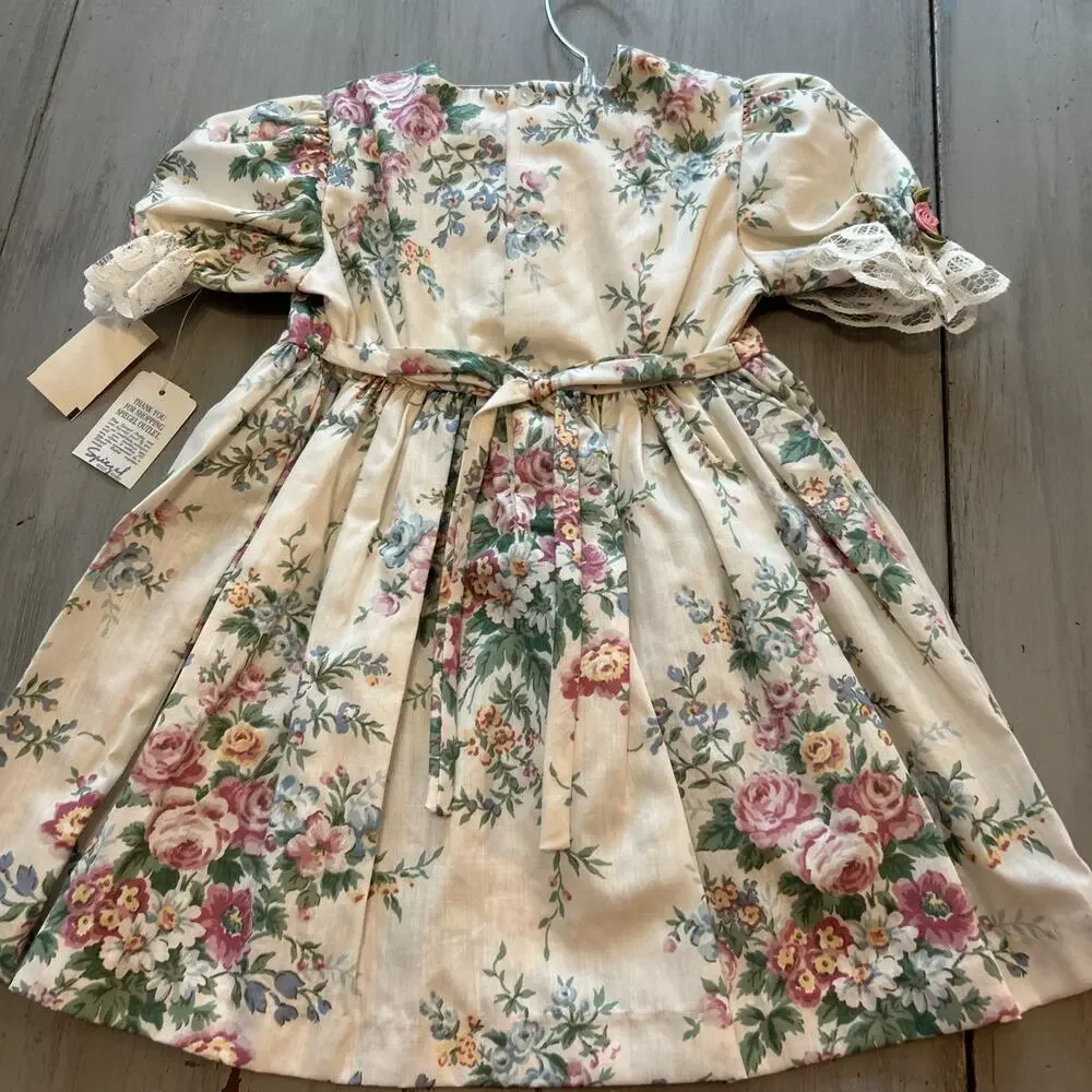 NWT Spiegel Floral Milkmaid Toddler Dress Sz 3T Lace Cottage Victorian Vtg 90s